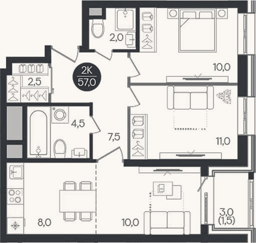 Планировка: 3-к, 55,5 м²