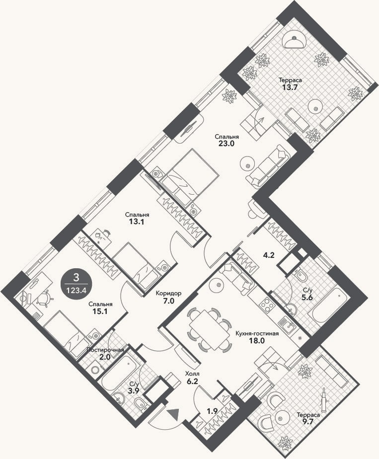 Планировка: 4+ к, 100 м²