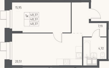Планировка: 2-к, 48,4 м²