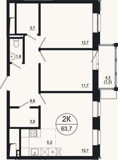 Планировка: 3-к, 62,4 м²