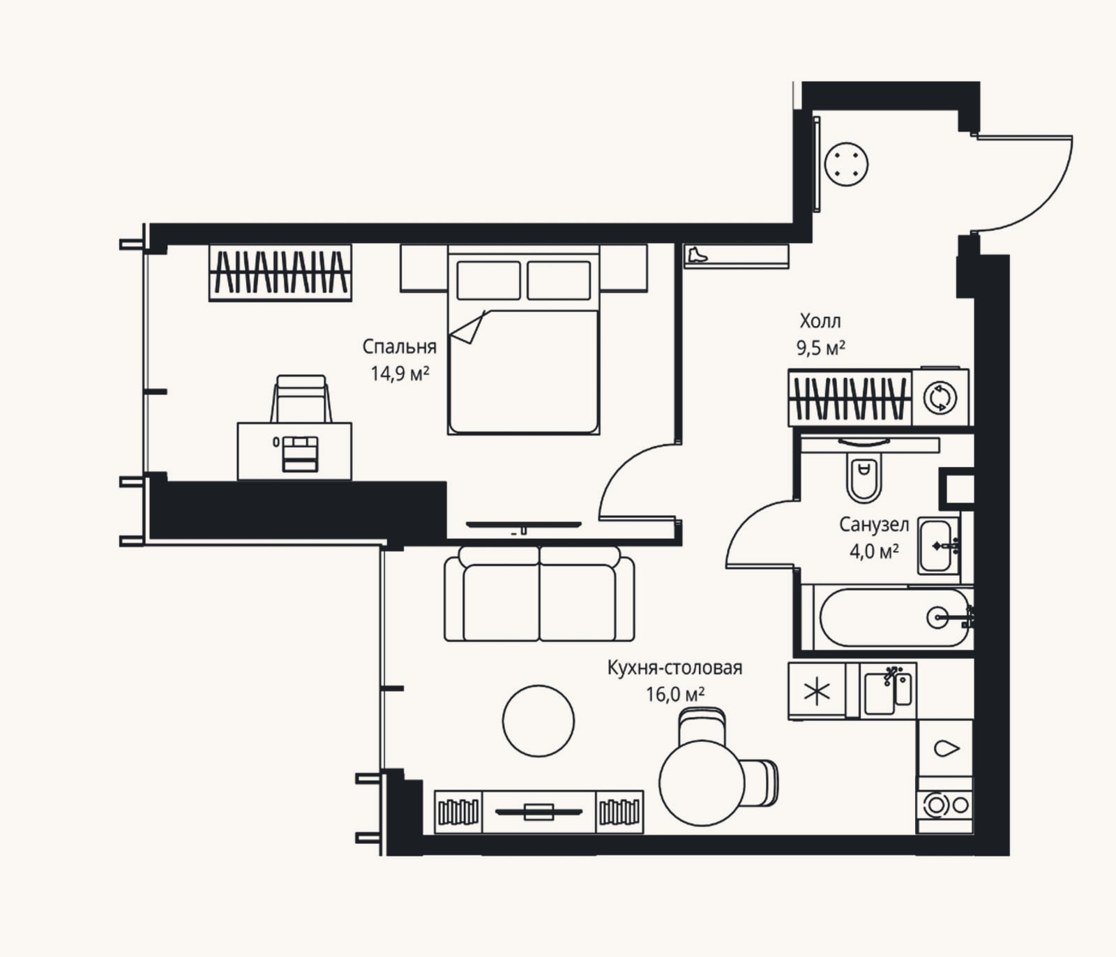 Планировка: 2-к, 44,4 м²