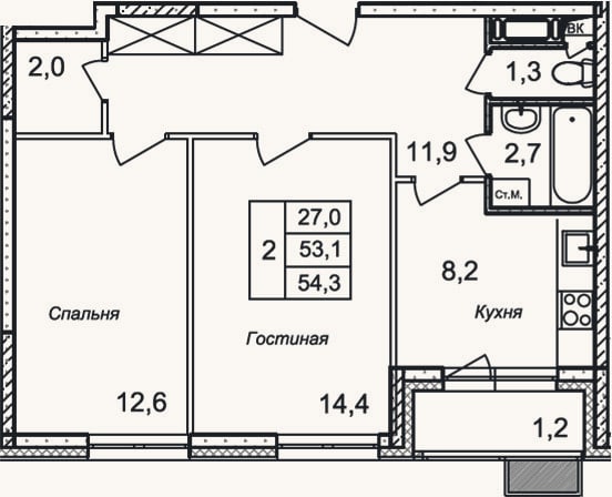 Планировка: 2-к, 53,1 м²
