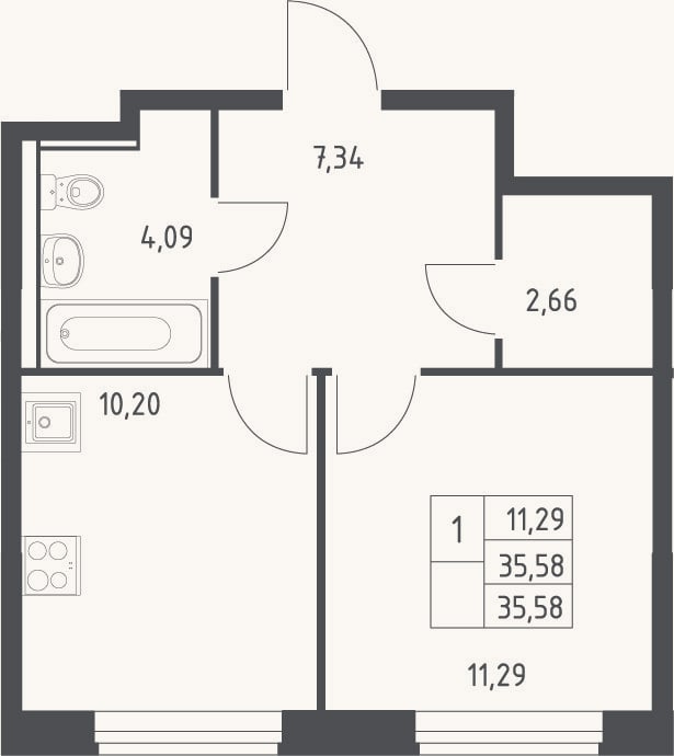 Планировка: 1-к, 35,6 м²