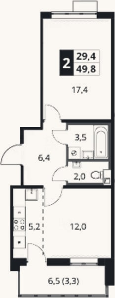 Планировка: 2-к, 46,5 м²