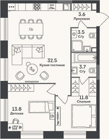 Планировка: 2-к, 68,9 м²