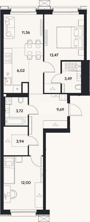 Планировка: 3-к, 63,7 м²