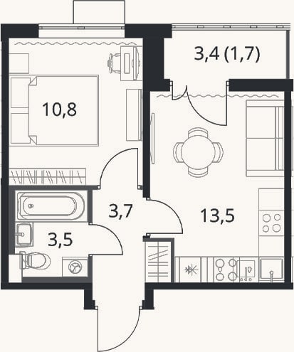 Планировка: 1-к, 31,5 м²