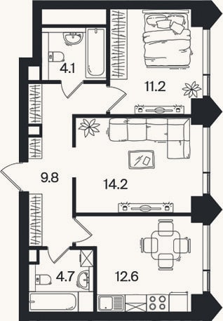 Планировка: 2-к, 56,6 м²