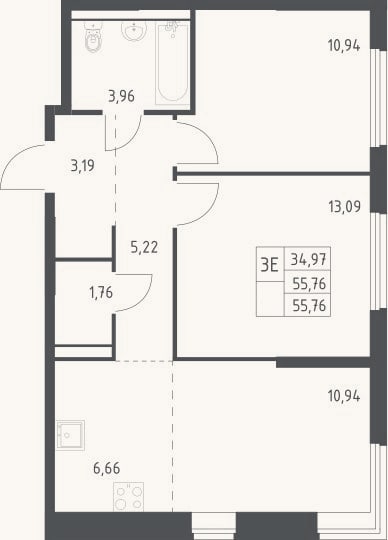 Планировка: 3-к, 55,8 м²