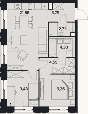 Планировка: 3-к, 55,8 м²