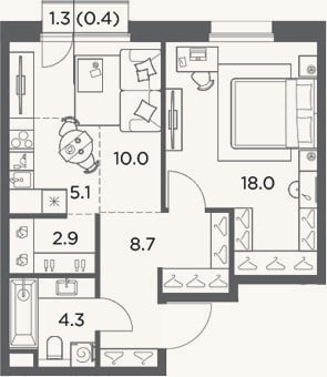 Планировка: 2-к, 49 м²
