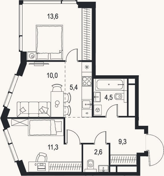 Планировка: 3-к, 56,7 м²
