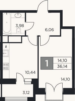 Планировка: 1-к, 34,6 м²