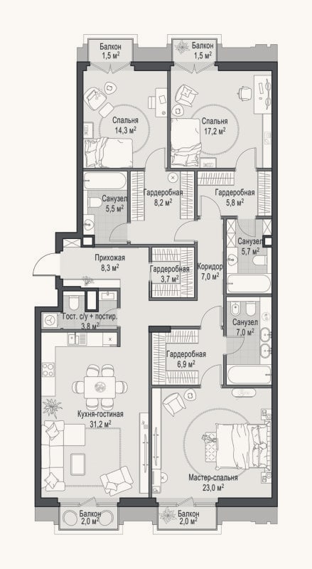 Планировка: 4+ к, 149,8 м²