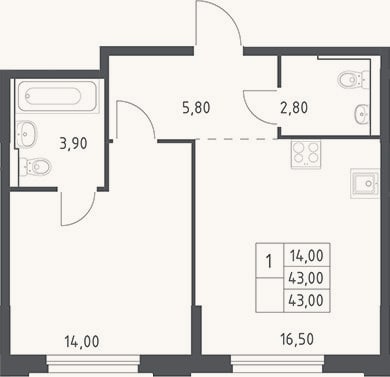 Планировка: 2-к, 43 м²