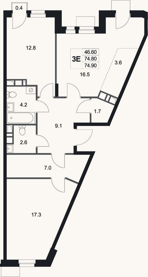 Планировка: 3-к, 74,8 м²