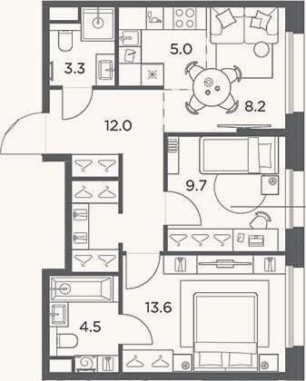 Планировка: 3-к, 56,3 м²