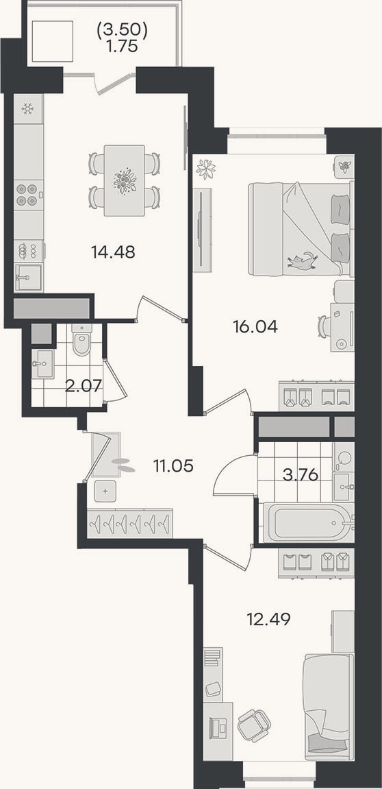 Планировка: 2-к, 59,9 м²