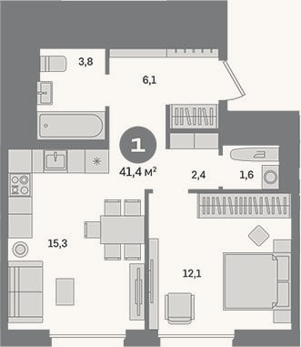 Планировка: 1-к, 41,4 м²