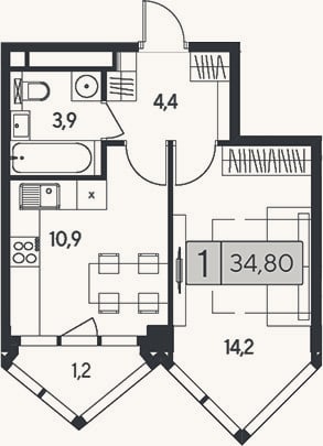 Планировка: 1-к, 33,6 м²