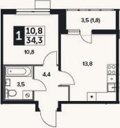 Планировка: 1-к, 32,5 м²