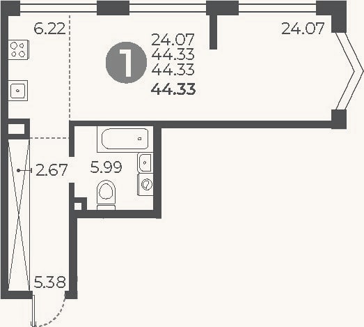 Планировка: Студия, 44,3 м²