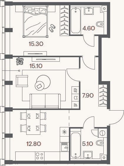 Планировка: 2-к, 60,8 м²