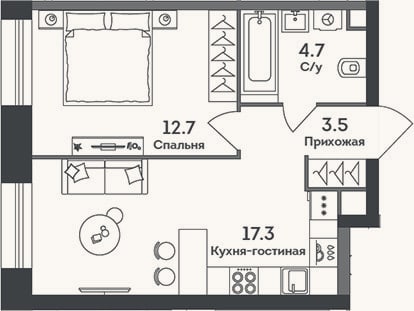 Планировка: 2-к, 38,2 м²