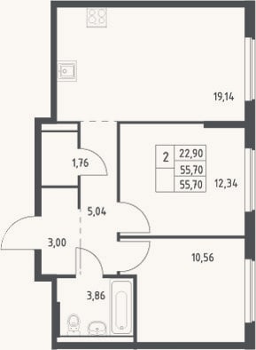 Планировка: 3-к, 55,7 м²