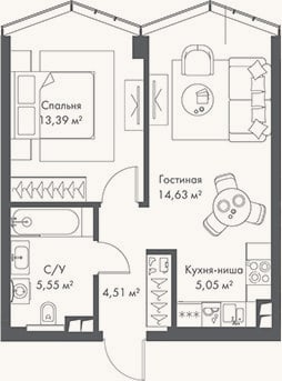 Планировка: 2-к, 43,1 м²