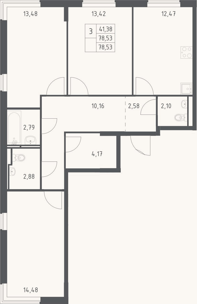 Планировка: 3-к, 78,5 м²