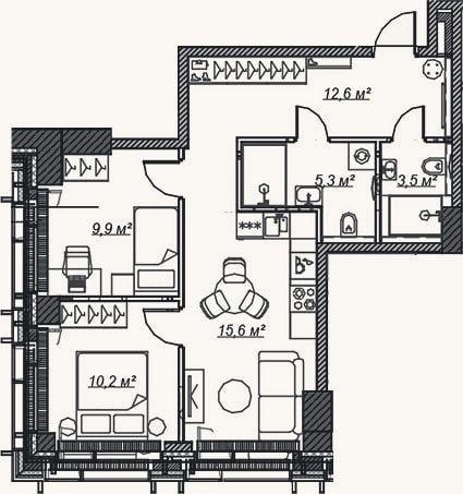 Планировка: 3-к, 57,1 м²