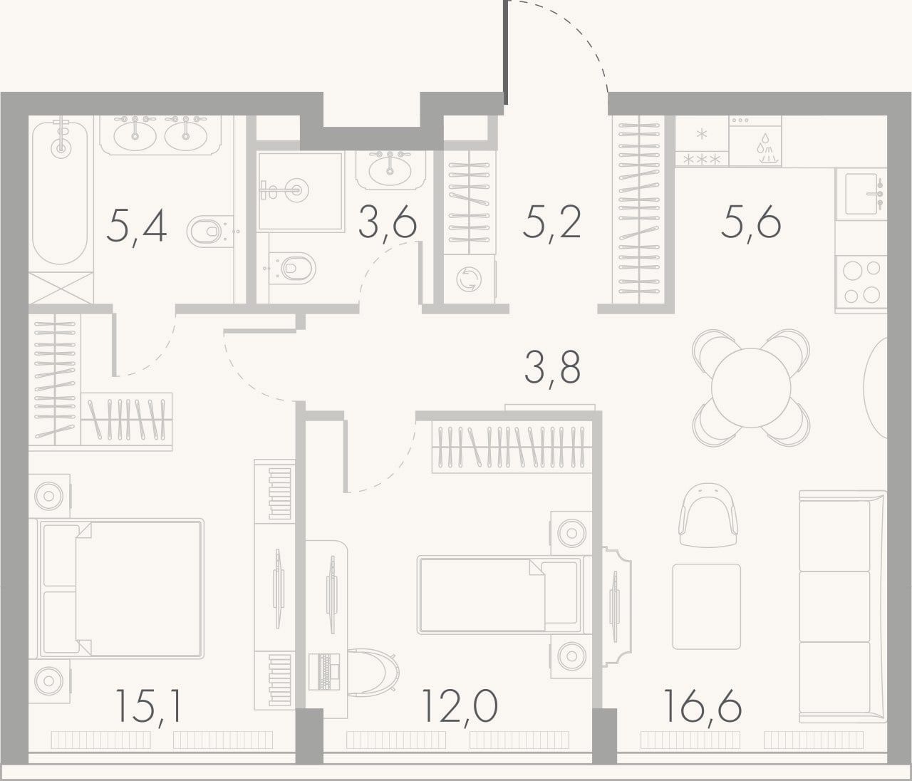Планировка: 3-к, 65,6 м²