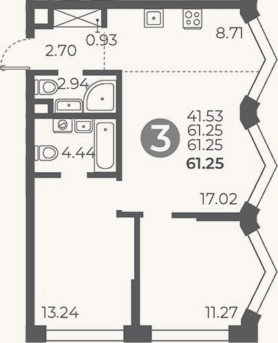 Планировка: 2-к, 61,3 м²