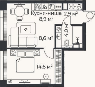 Планировка: 2-к, 39 м²