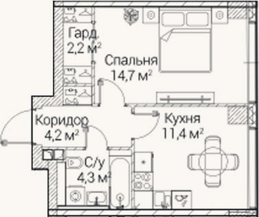 Планировка: 1-к, 36,9 м²