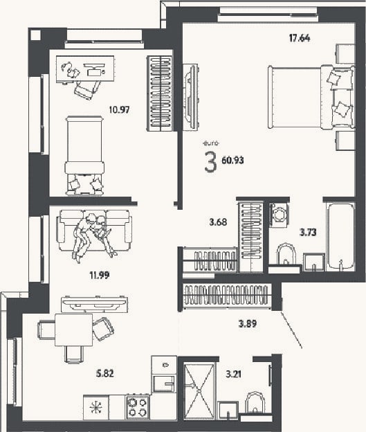 Планировка: 3-к, 60,9 м²