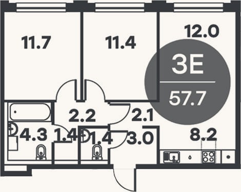 Планировка: 3-к, 57,7 м²