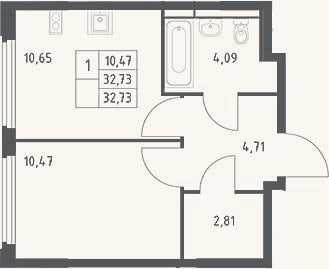 Планировка: 1-к, 32,7 м²