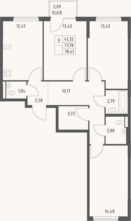 Планировка: 3-к, 77,8 м²