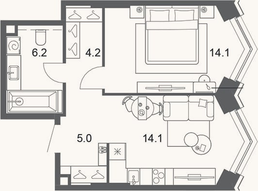 Планировка: 2-к, 43,4 м²