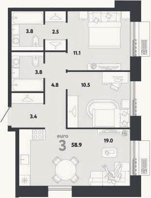 Планировка: 3-к, 58,9 м²
