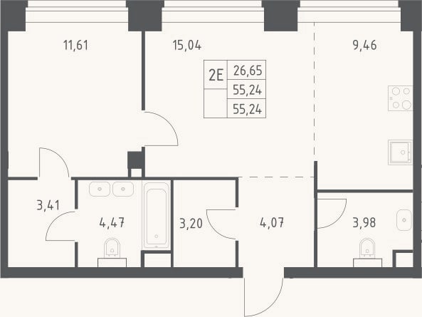 Планировка: 2-к, 55,2 м²
