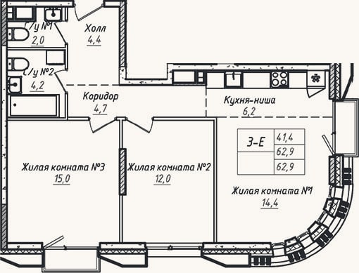 Планировка: 3-к, 62,9 м²