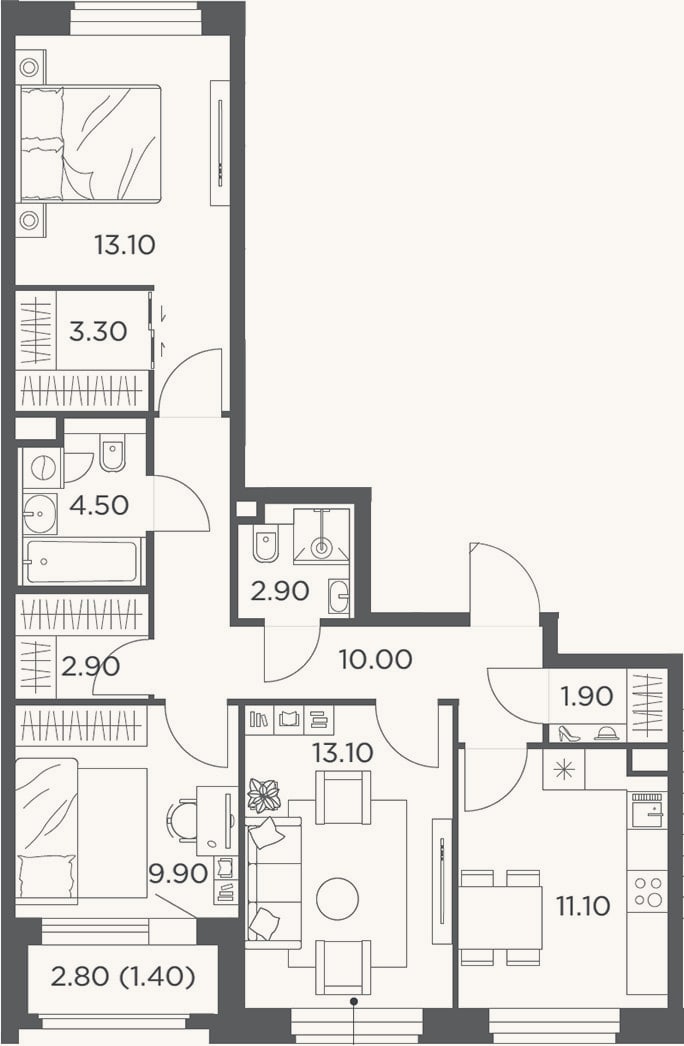 Планировка: 3-к, 75,8 м²