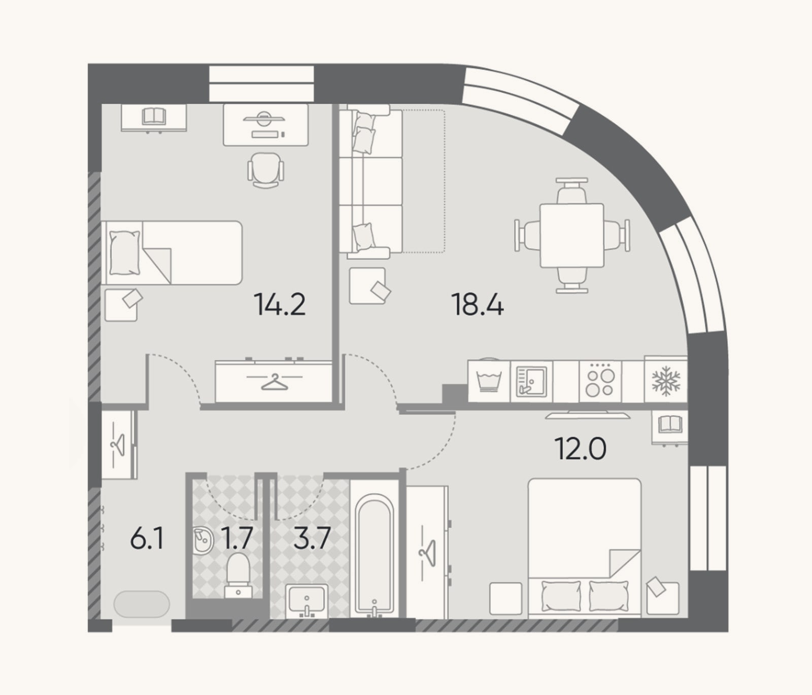 Планировка: 3-к, 56,1 м²