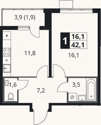 Планировка: 1-к, 40,2 м²
