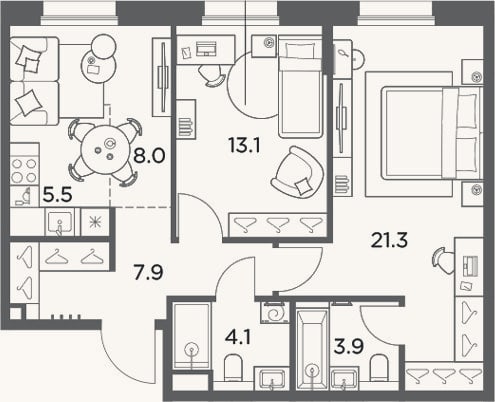 Планировка: 3-к, 63,8 м²