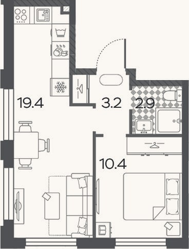 Планировка: 2-к, 35,9 м²