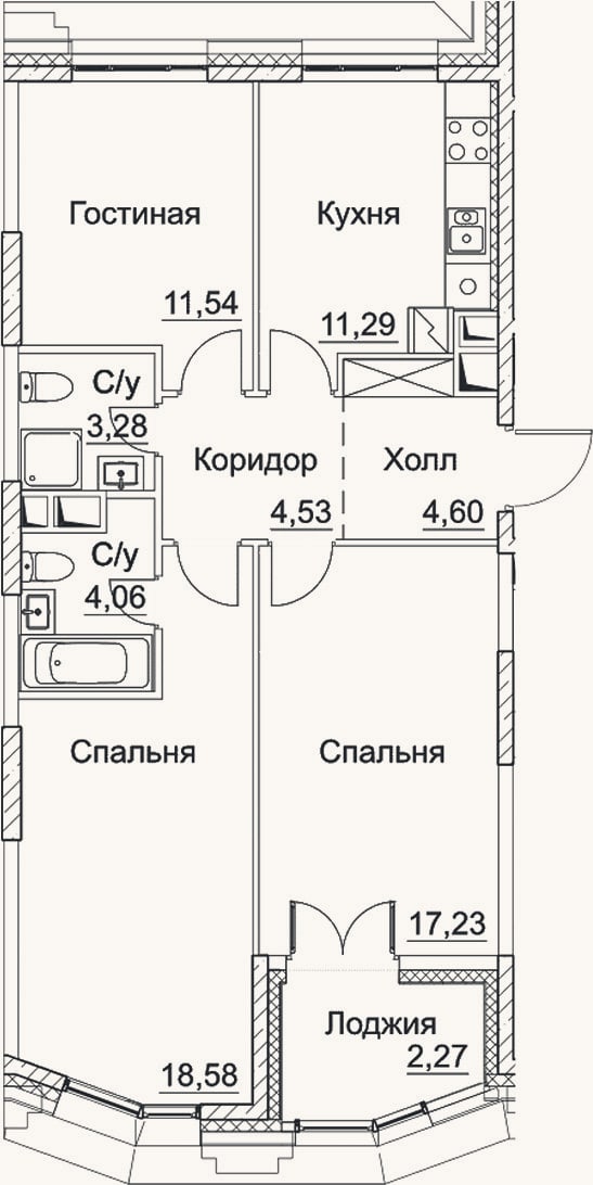 Планировка: 3-к, 75,1 м²
